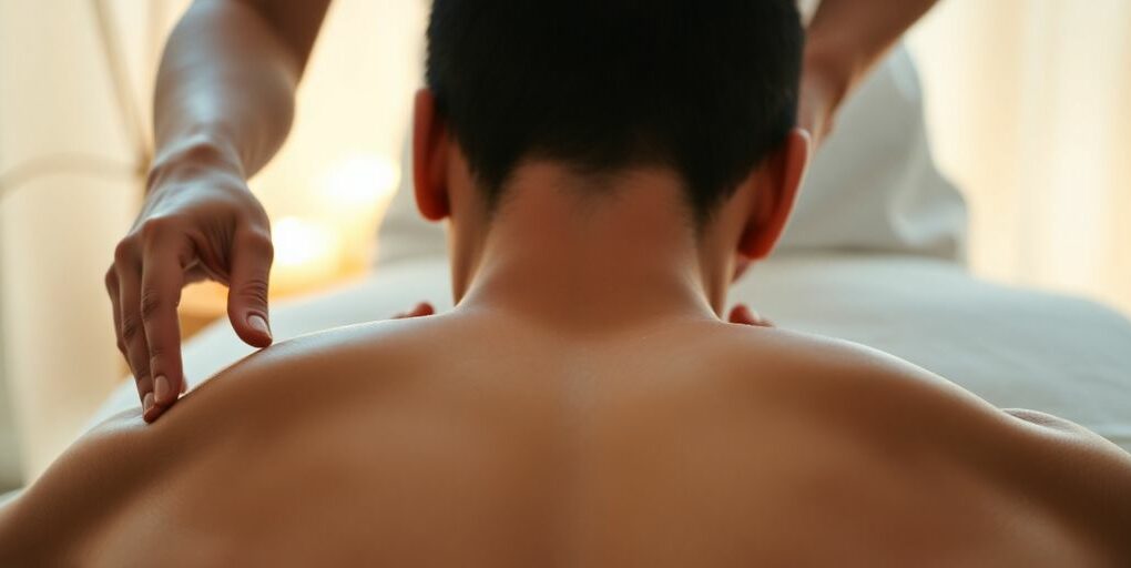 Femme relaxée recevant un massage apaisant.