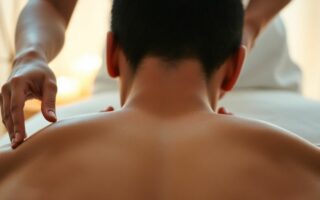 Femme relaxée recevant un massage apaisant.