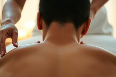 Femme relaxée recevant un massage apaisant.