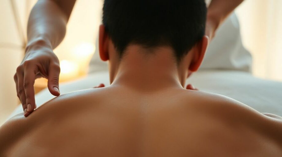 Femme relaxée recevant un massage apaisant.