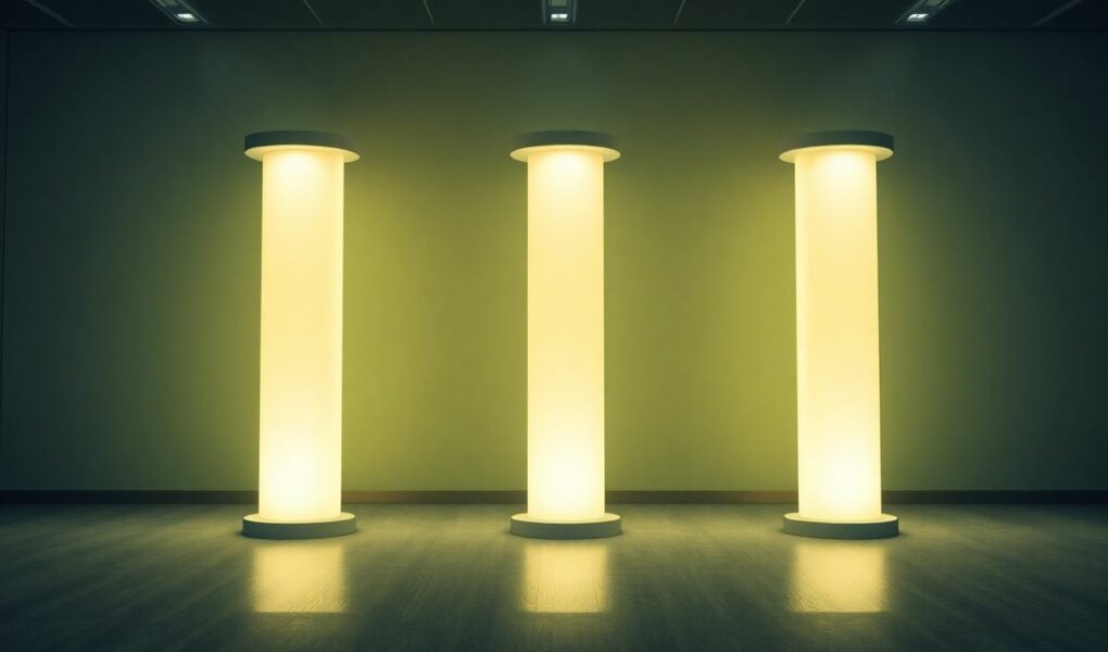 Cinq piliers lumineux dans un bureau moderne.