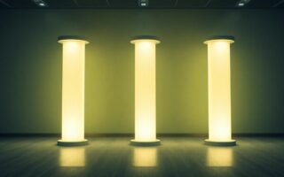 Cinq piliers lumineux dans un bureau moderne.