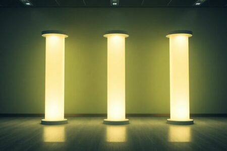 Cinq piliers lumineux dans un bureau moderne.