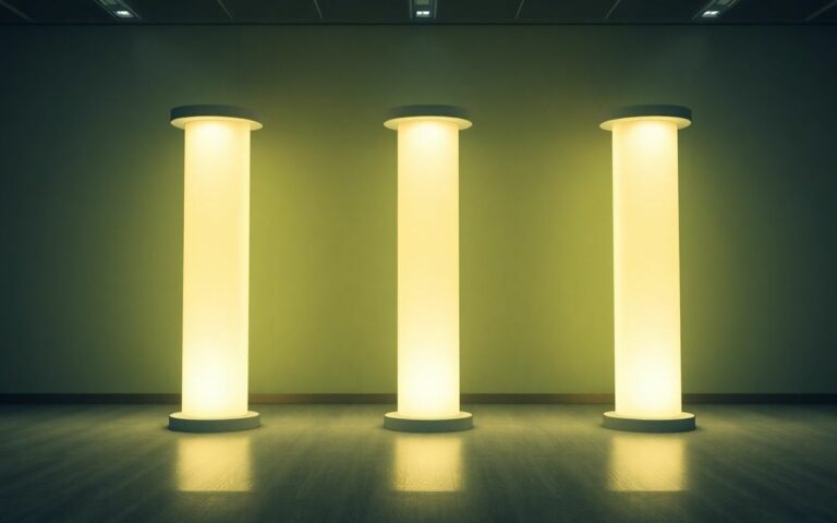 Cinq piliers lumineux dans un bureau moderne.
