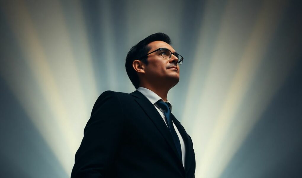 Dirigeant confiant regardant vers l'horizon lumineux.