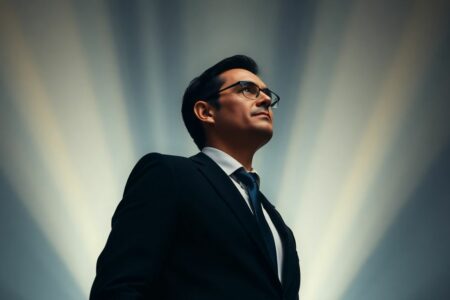 Dirigeant confiant regardant vers l'horizon lumineux.