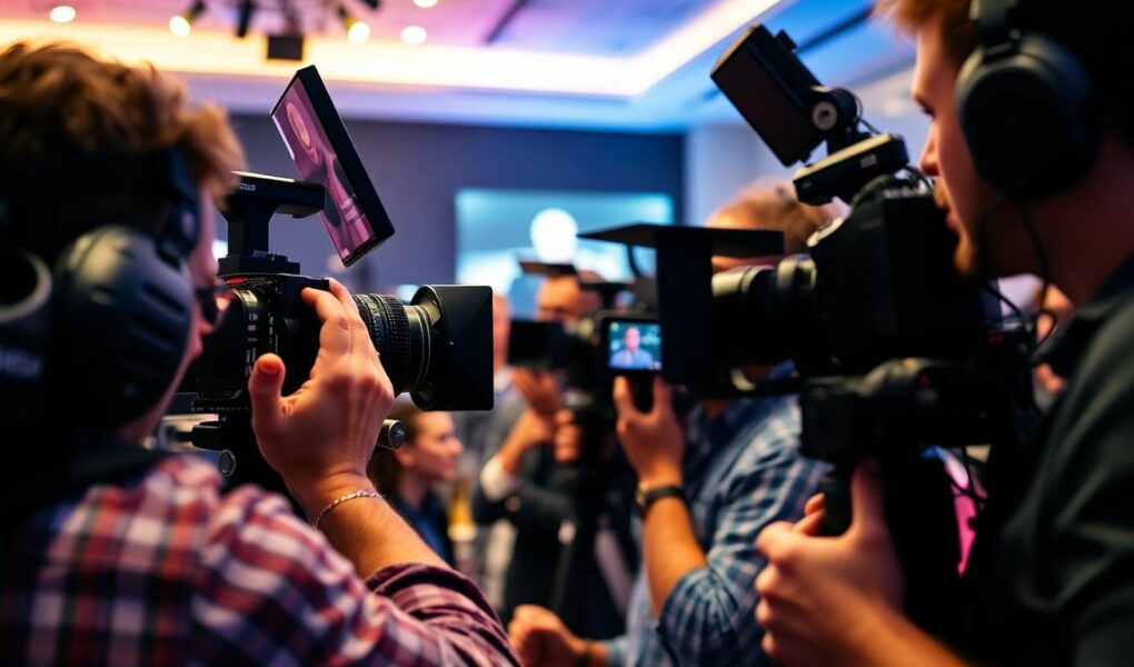 Équipe de production vidéo filmant un événement d'entreprise