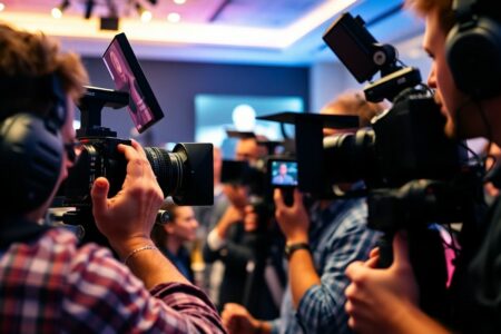 Équipe de production vidéo filmant un événement d'entreprise