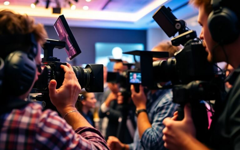 Équipe de production vidéo filmant un événement d'entreprise