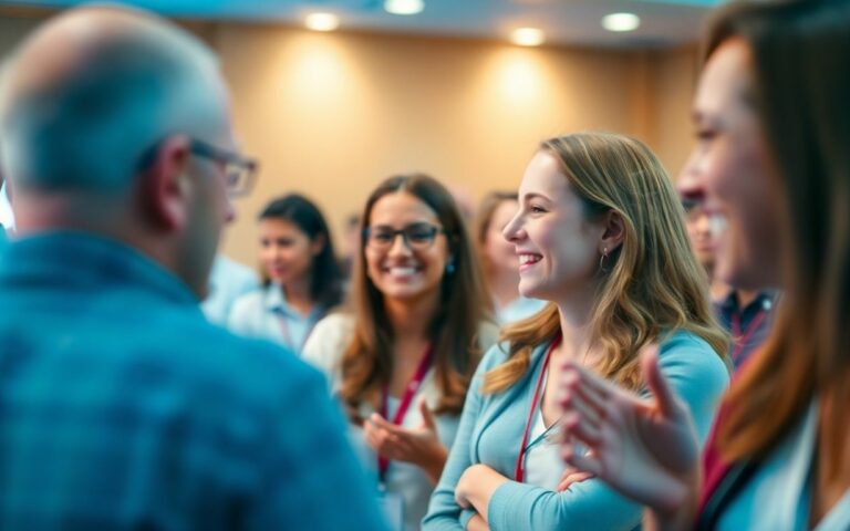 Participants souriants lors d'un séminaire animé.