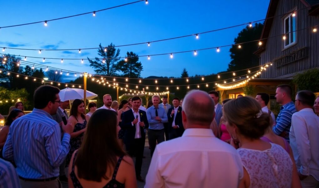 Outdoor wedding karaoke with guests singing and enjoying music.