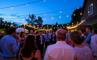 Outdoor wedding karaoke with guests singing and enjoying music.