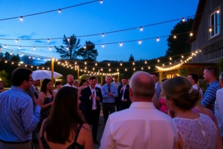 Outdoor wedding karaoke with guests singing and enjoying music.