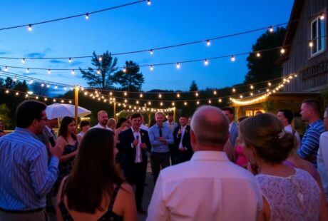 Outdoor wedding karaoke with guests singing and enjoying music.