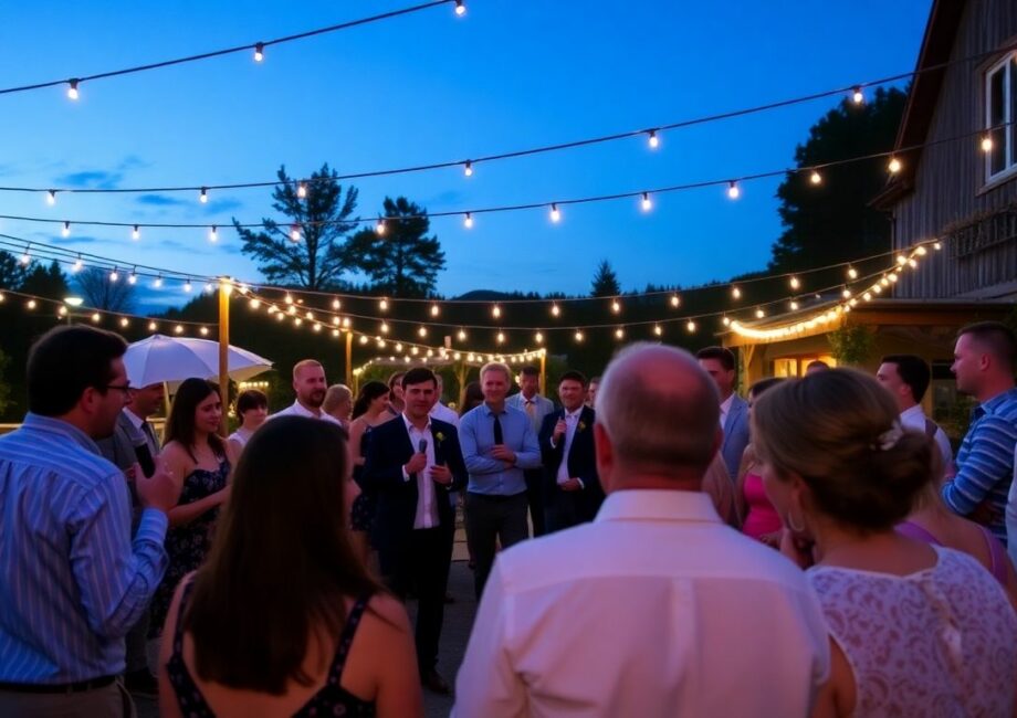 Outdoor wedding karaoke with guests singing and enjoying music.