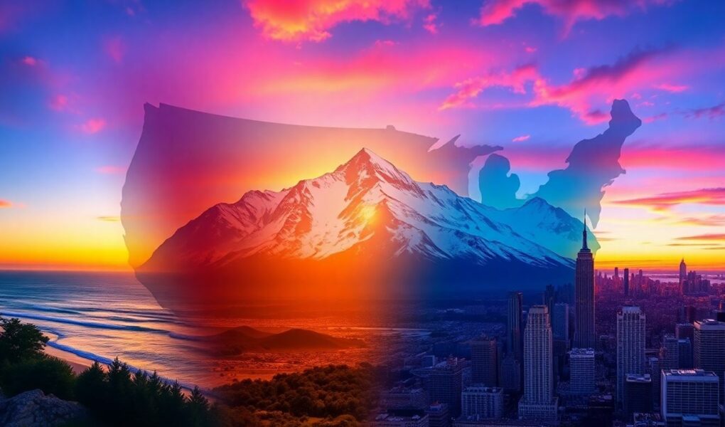 Paysages emblématiques des États-Unis, du naturel à l'urbain.